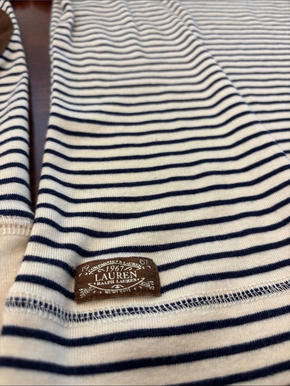 LAUREN Ralph Lauren Cream & Navy Stripe Sweater with Brown Elbow Patches - Picture 3 of 5
